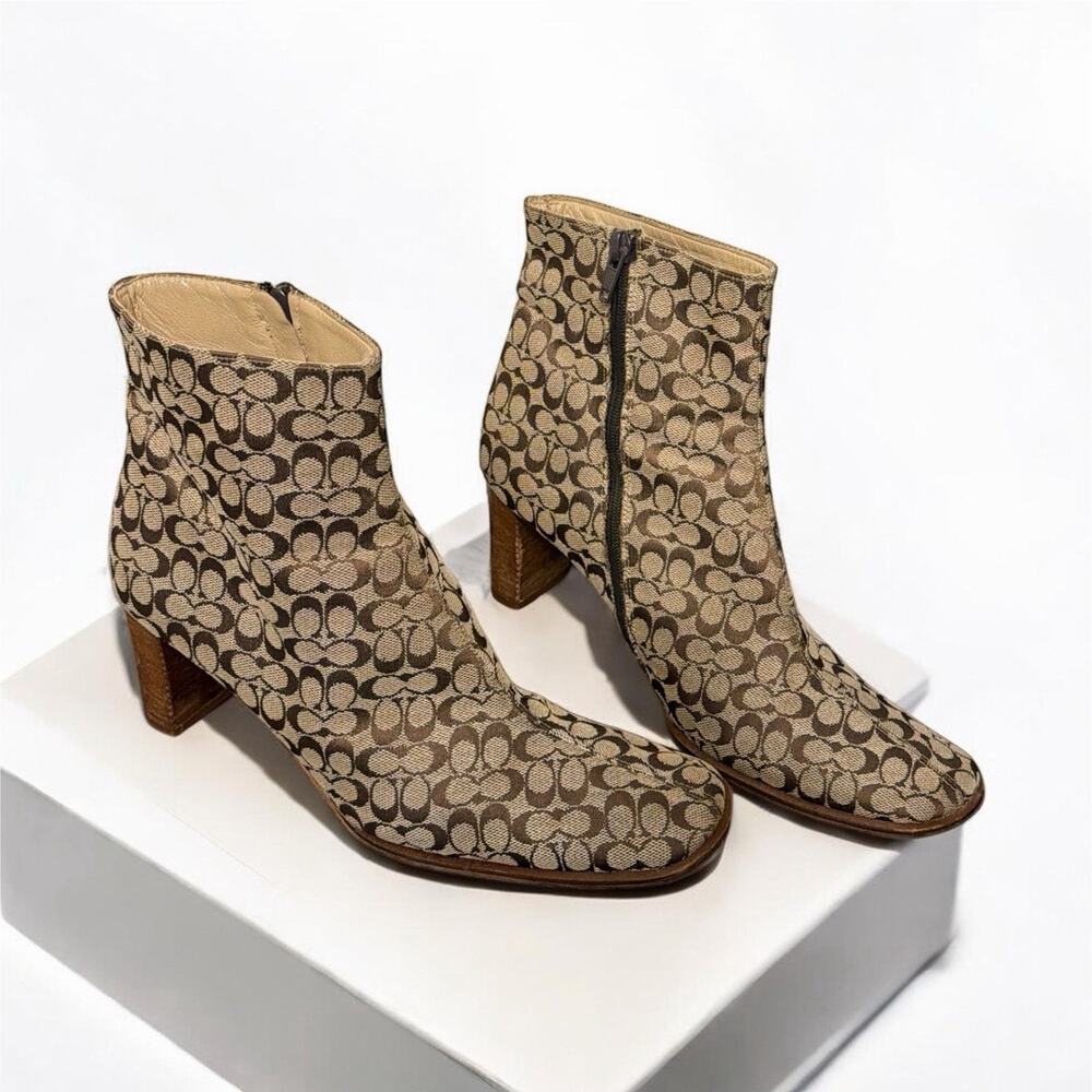 Vintage Coach Signature Monogram Jacquard Y2K Brown Logo Block Heel Booties